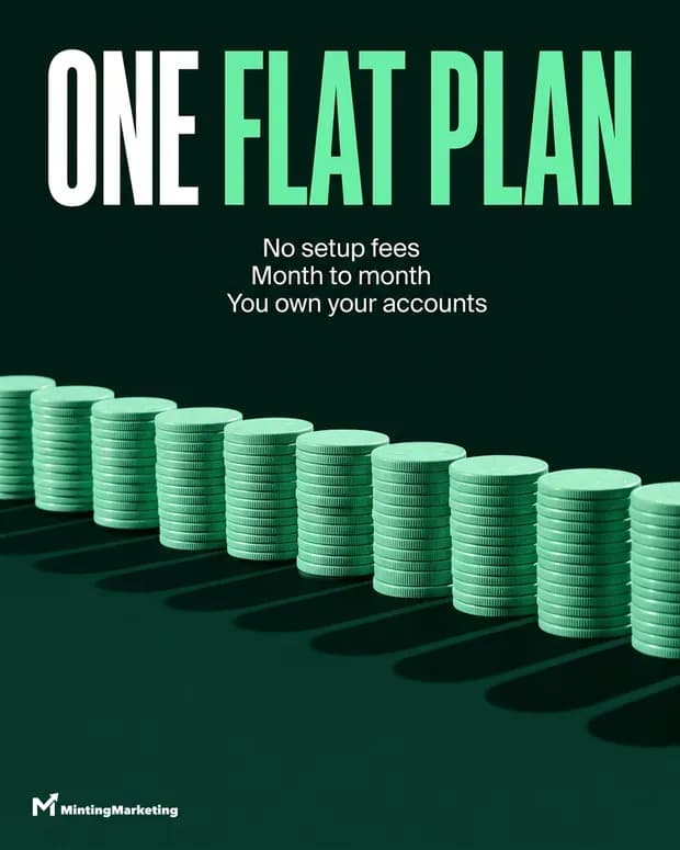 Minting Marketing ad: one flat plan, no setup fees